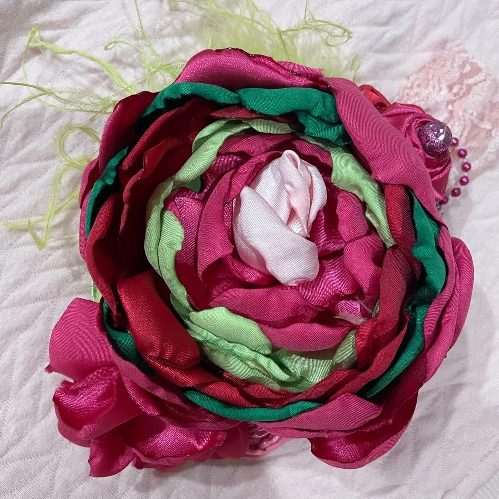 Oversized satin hair bow flower headband satin feather pearl & lace pink green